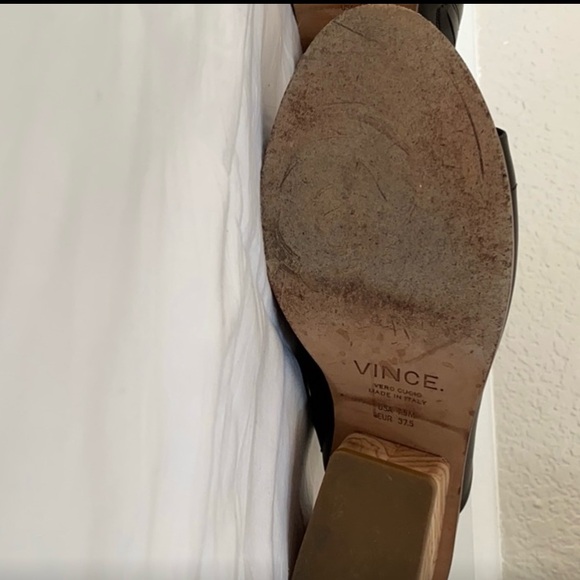 Vince Black Leather Mules Slip On Sandals Natural Wood Wedge Heels US7.5 - Picture 12 of 12